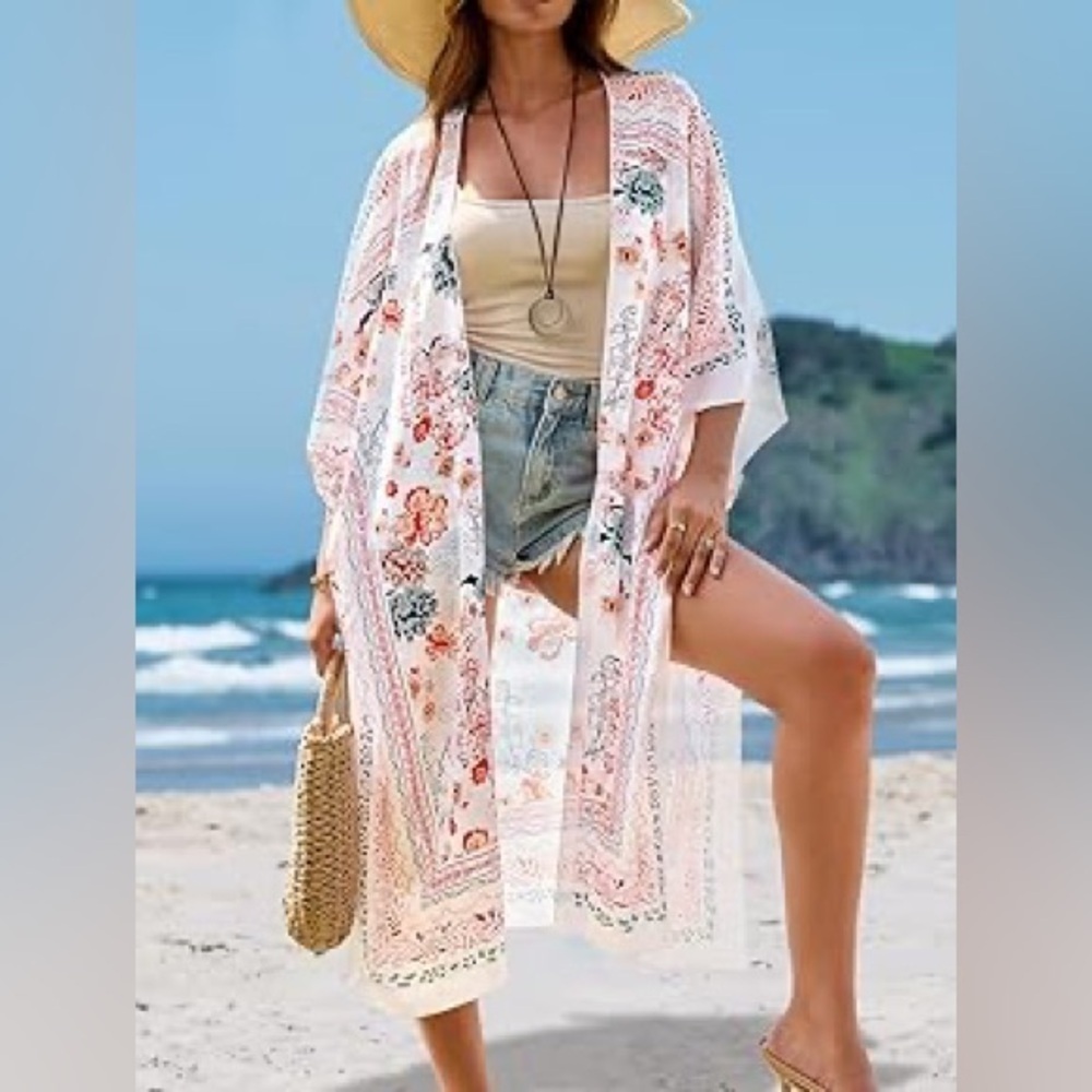 Francescas Lightweight Neutral Tone Longline Sheer Kimono Cover Up Cardigan Top